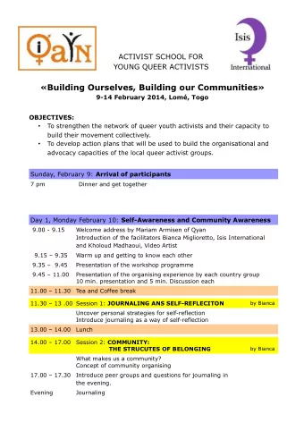 Building Ourselves, Building our Communities  9-14 February 2014, Lom, Togo  OBJECTIVES:  To