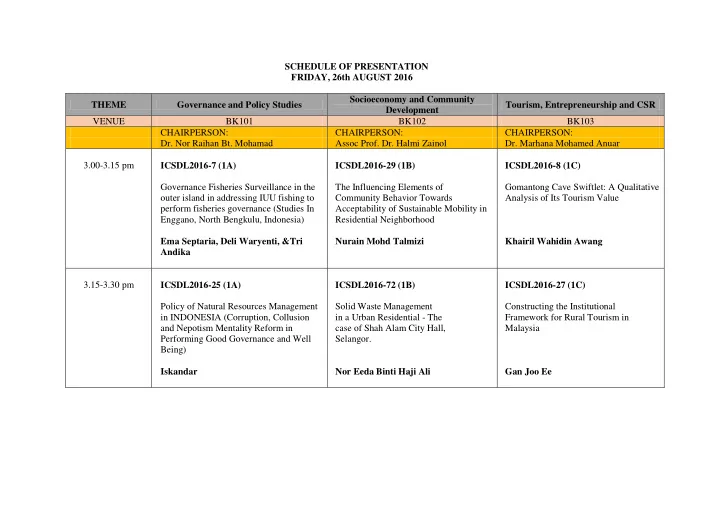 schedule of presentation friday 26th august 2016