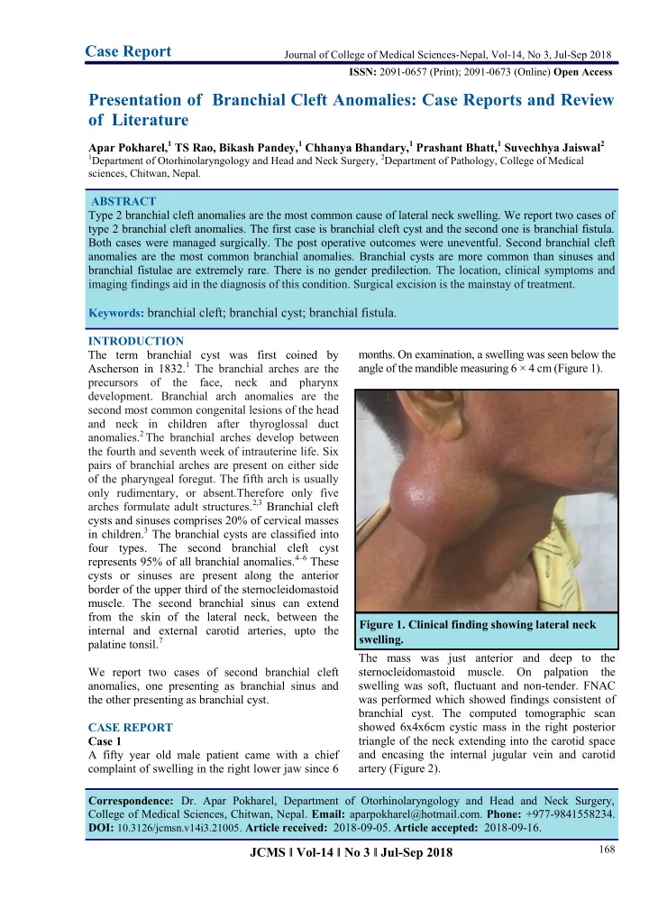 presentation of branchial cleft anomalies case reports