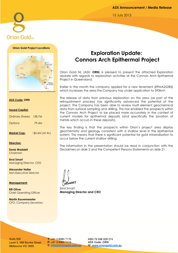 orion gold project locations exploration update connors