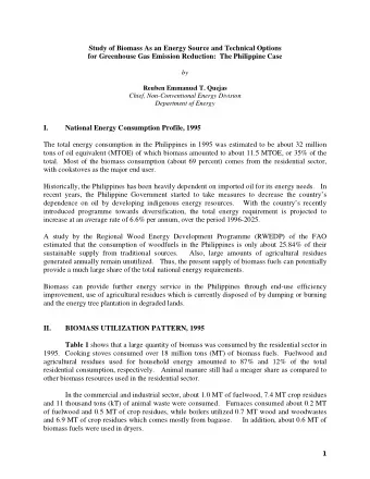 Study of Biomass As an Energy Source and Technical Options  for Greenhouse Gas Emission Reduction: