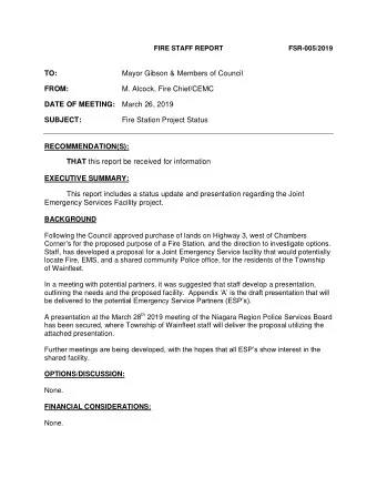 TO:  Mayor Gibson &amp; Members of Council FROM:  M. Alcock, Fire Chief/CEMC DATE OF MEETING: March