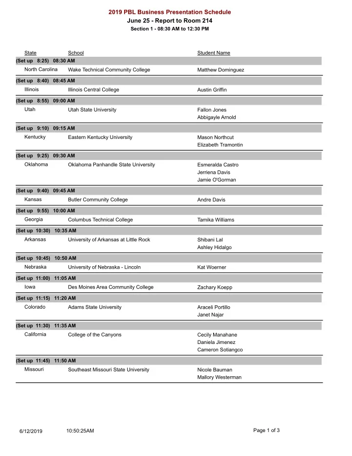 2019 pbl business presentation schedule june 25 report to