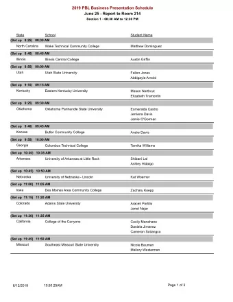 2019 PBL Business Presentation Schedule  June 25 - Report to Room 214  Section 1 - 08:30 AM to
