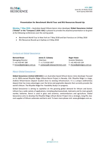 Con  ontacts at  at Glo  lobal  al Geosci  cienc  nce  Bernard Rowe  James D. Calaway  Roger Howe