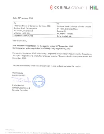 HIL Limited  Q3 &amp; 9M FY18 Results presentation  Disclaimer  Cautionary statement regarding