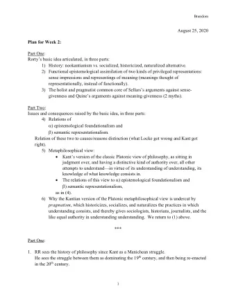 Brandom  August 25, 2020  Plan for Week 2:  Part One: Rortys basic idea articulated , in three