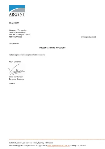 20 April 2017  Manager of Companies  Level 40, Central Park  152-158 St Georges Terrace  PERTH WA