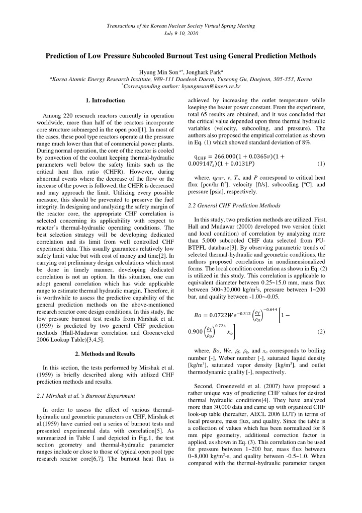 prediction of low pressure subcooled burnout test using