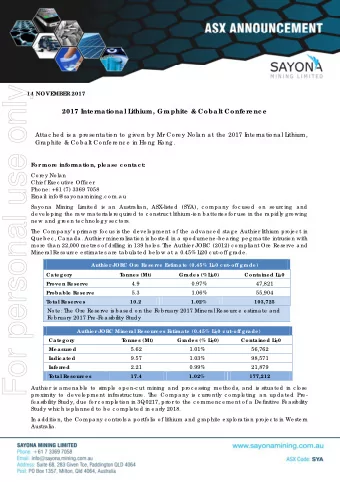 For personal use only  14 NOVE  MBE  R 2017  2017 Inte r  national L  ithium, Gr  aphite  &amp;