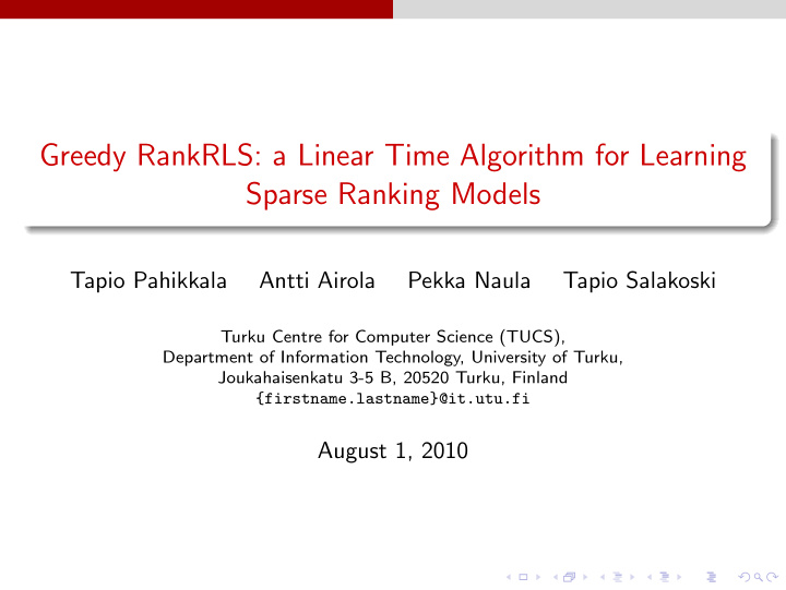 greedy rankrls a linear time algorithm for learning