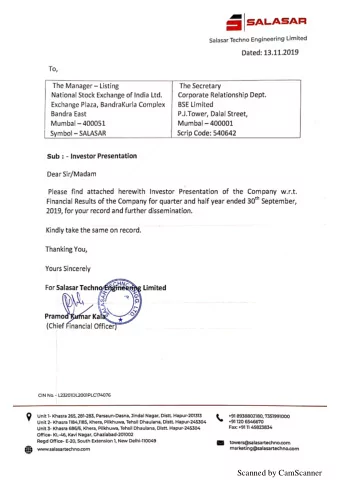 Scanned by CamScanner  Salasar Techno Engineering Limited  Investor Presentation  H1 &amp; FY20