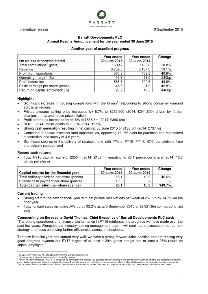 immediate release 9 september 2015 barratt developments