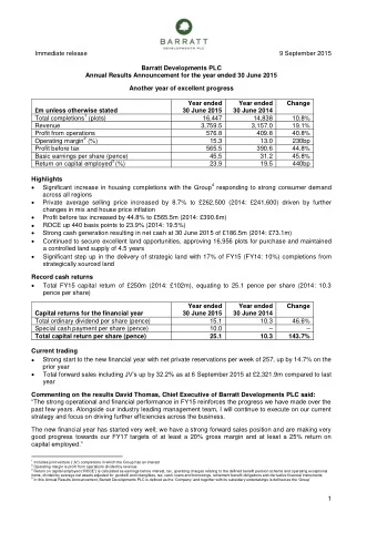 Immediate release  9 September 2015  Barratt Developments PLC  Annual Results Announcement for the