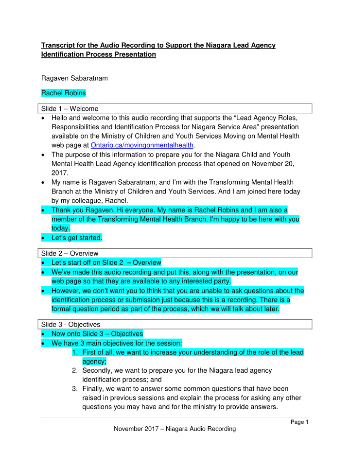 transcript for the audio recording to support the niagara