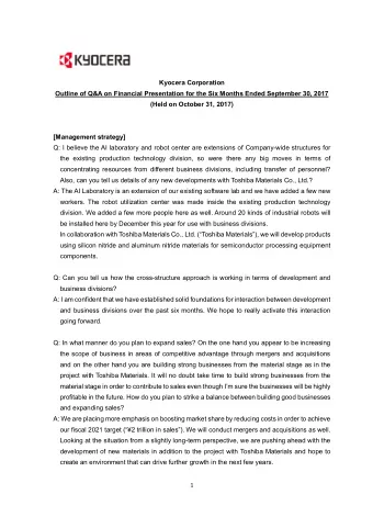 Kyocera Corporation Outline of Q&amp;A on Financial Presentation for the Six Months Ended September