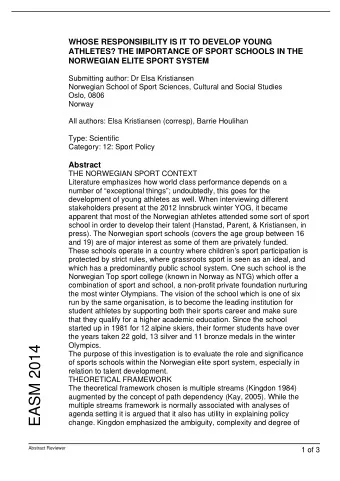 EASM 2014  The purpose of this investigation is to evaluate the role and significance  of sports