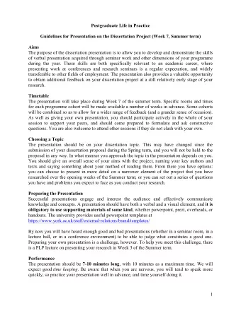 Postgraduate Life in Practice  Guidelines for Presentation on the Dissertation Project (Week 7,