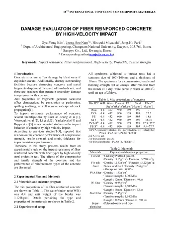 DAMAGE EVALUATOIN OF FIBER REINFORCED CONCRETE  BY HIGH-VELOCITY IMPACT Gyu-Yong Kim 1 , Jeong-Soo