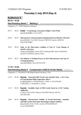 123HiMAT-2015 Programs 15 JUNE 2015 Thursday 2 July 2015 (Day 4)  Auditorium A 09:15  10:55 Heat