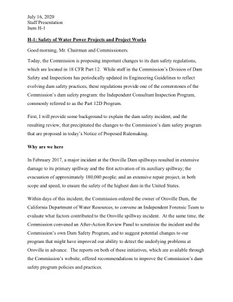 July 16, 2020  Staff Presentation  Item H-1 H-1: Safety of Water Power Projects and Project Works