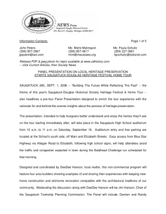 Information Contacts:  Page 1 of 5  John Peters  Ms. Merle Malmquist  Ms. Paula Schultz  (269)