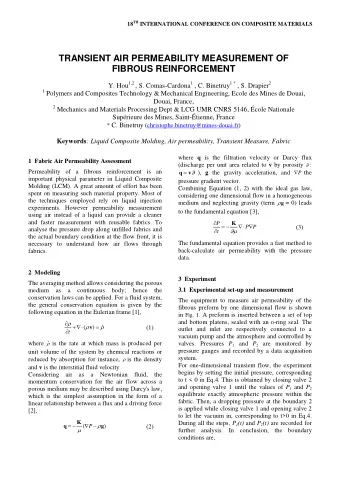 TRANSIENT AIR PERMEABILITY MEASUREMENT OF  FIBROUS REINFORCEMENT Y. Hou 1,2 , S. Comas-Cardona 1 ,
