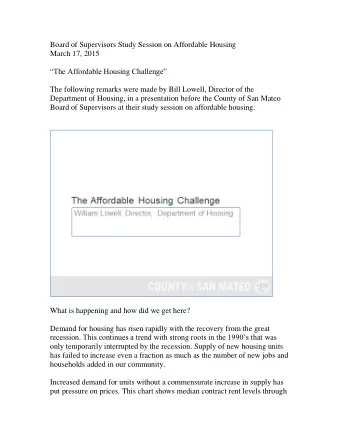 Board of Supervisors Study Session on Affordable Housing  March 17, 2015 The Affordable Housing