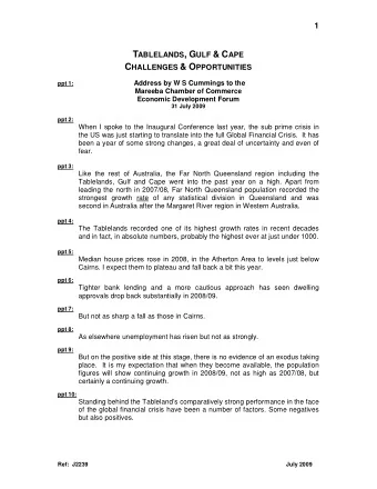 T ABLELANDS , G ULF &amp; C APE C HALLENGES &amp; O PPORTUNITIES ppt 1:  Address by W S Cummings to