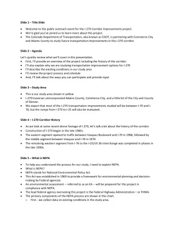 Slide 1  Title Slide   Welcome to the public outreach event for the I-270 Corridor