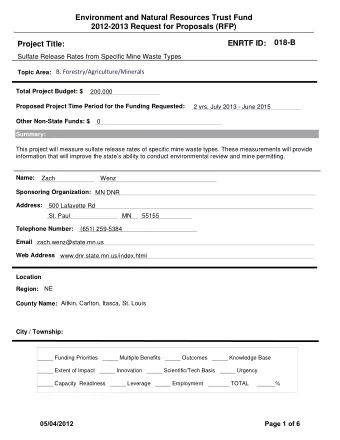 Environment and Natural Resources Trust Fund  2012-2013 Request for Proposals (RFP)  018-B  ENRTF