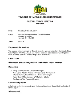 TOWNSHIP OF HAVELOCK-BELMONT-METHUEN  SPECIAL COUNCIL MEETING  AGENDA  Date:  Thursday, October 5,