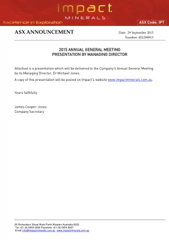 ASX ANNOUNCEMENT  Date:  29 September 2015  Number: 432/290915  2015  2015 ANNUA  UAL GE  L GENERA