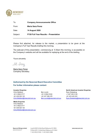 To:  Company Announcements Office  From: Mari a Sanz Perez  Date: 14 August 2020  Subject:  FY20