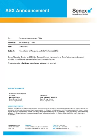 ASX Announcement  To:  Company Announcement Office  Company:  Senex Energy Limited  Date:  2 May