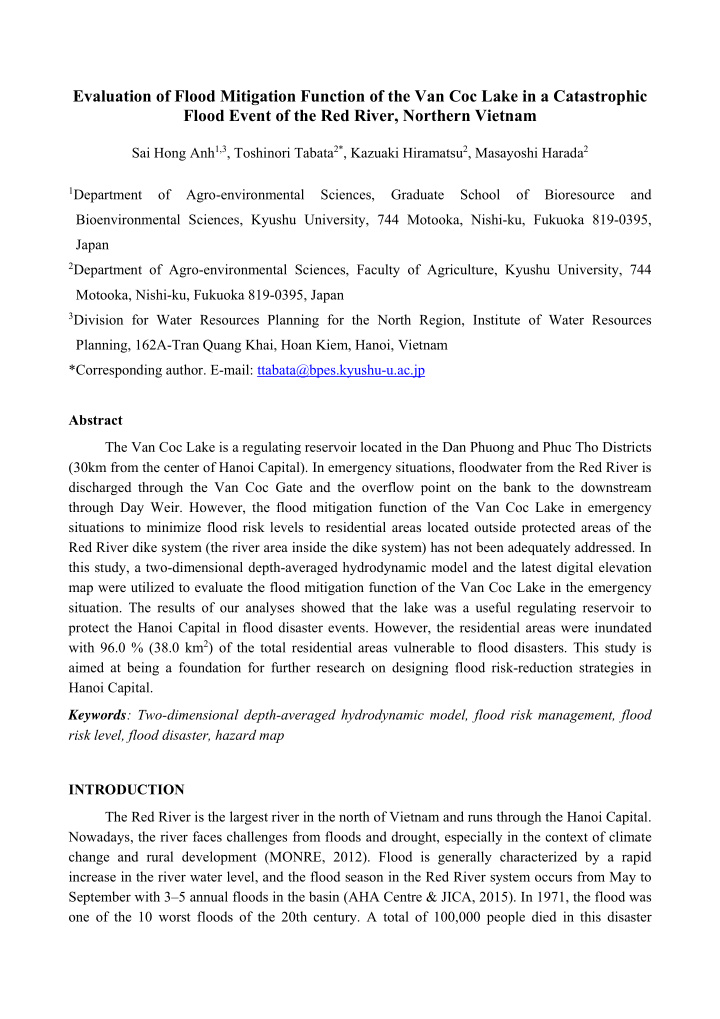 evaluation of flood mitigation function of the van coc