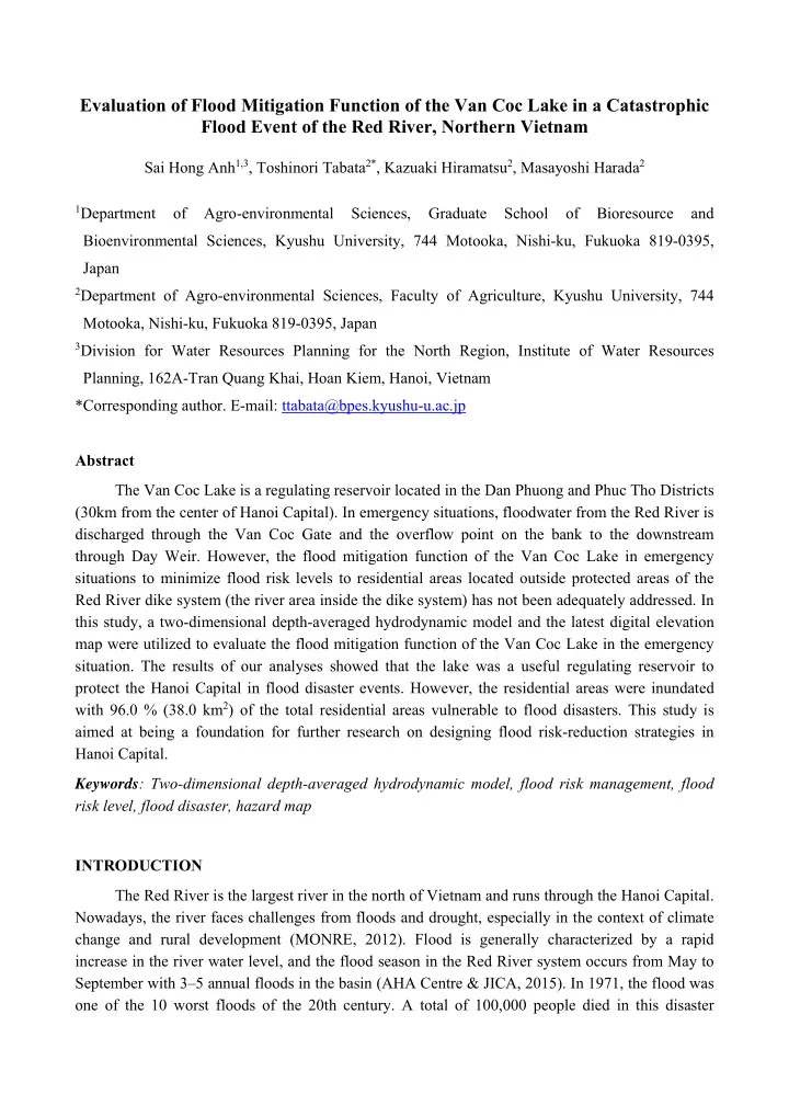 evaluation of flood mitigation function of the van coc