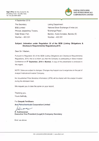 ../  DEEPAK FERTILISERS  AND PETROCHEMICALS  CORPORATION LIMITED  4 September 2019  BSE Limited