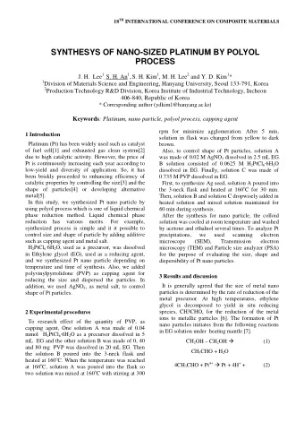 SYNTHESYS OF NANO-SIZED PLATINUM BY POLYOL  PROCESS J. H.  Lee 1 , S. H. An 1 , S. H. Kim 1 , M. H.
