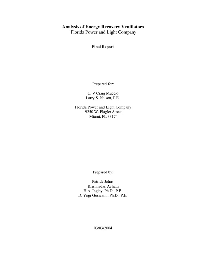 analysis of energy recovery ventilators florida power and