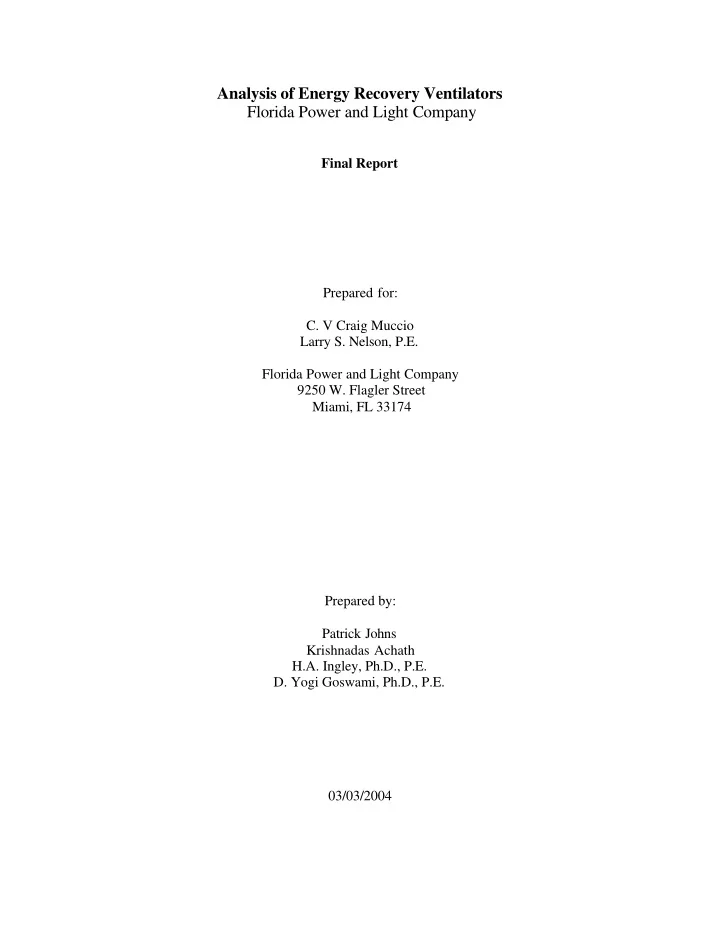 analysis of energy recovery ventilators florida power and