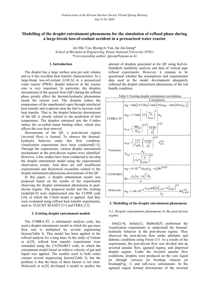 modelling of the droplet entrainment phenomena for the
