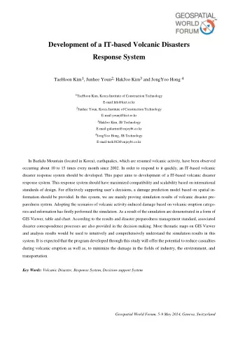 Development of a IT-based Volcanic Disasters  Response System TaeHoon Kim 1 , Junhee Youn 2, HakJoo