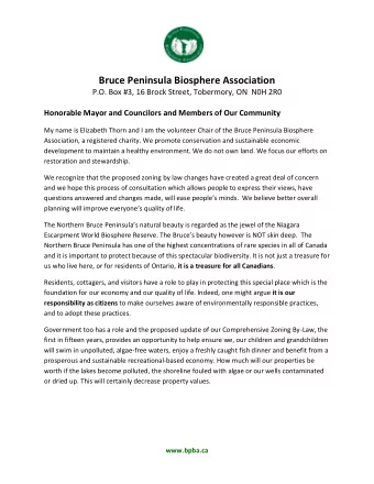 Bruce Peninsula Biosphere Association  P.O. Box #3, 16 Brock Street, Tobermory, ON  N0H 2R0