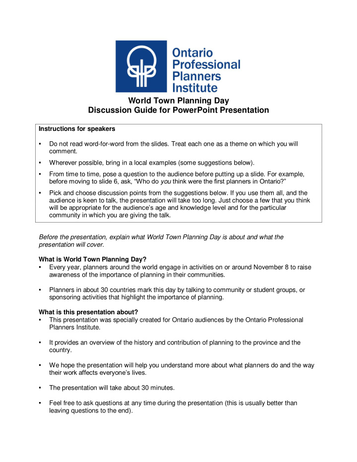 world town planning day discussion guide for powerpoint