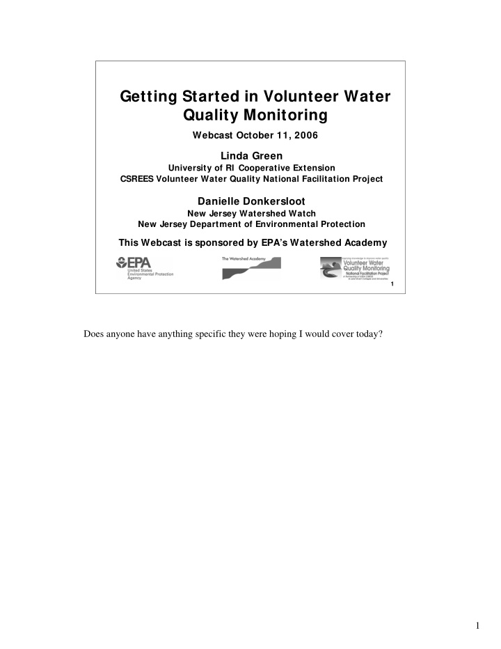 getting started in volunteer water quality monitoring