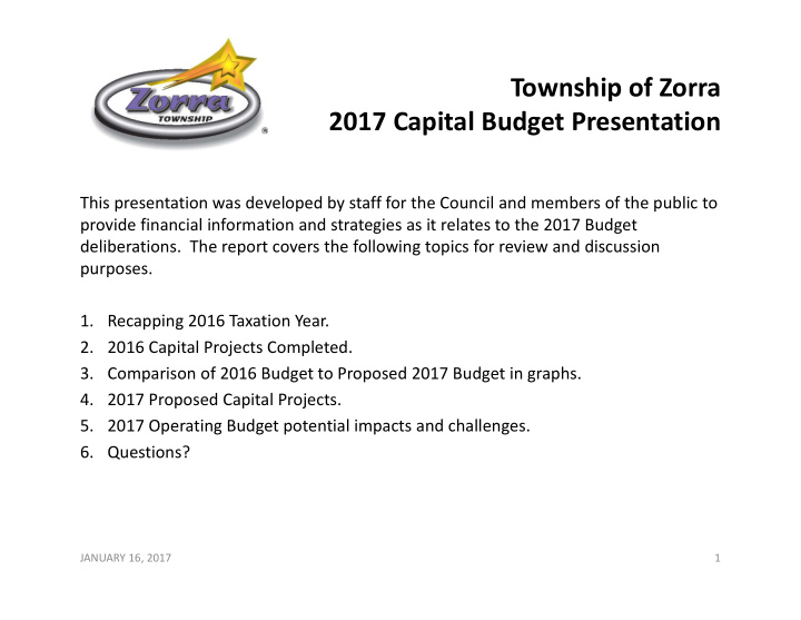 township of zorra 2017 capital budget presentation