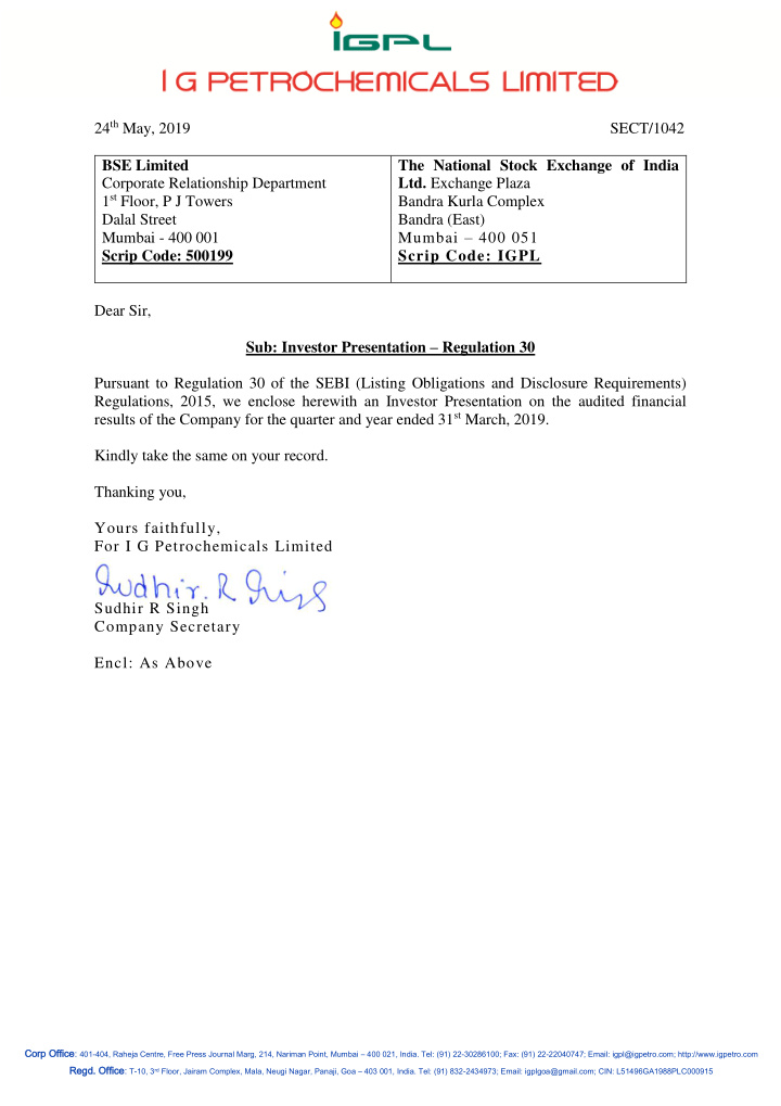 24 th may 2019 sect 1042 bse limited the national stock