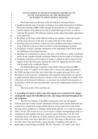SOUTH AMERICAN DIVISION SUMMARY REPORT ON ITS  2  STUDY AND PROPOSAL ON THE ORDINATION  3  OF WOMEN