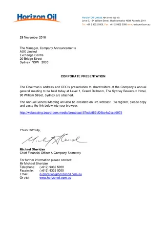 Horizon Oil Limited ABN 51 009 799 455  Level 6, 134 William Street, Woolloomooloo NSW Australia